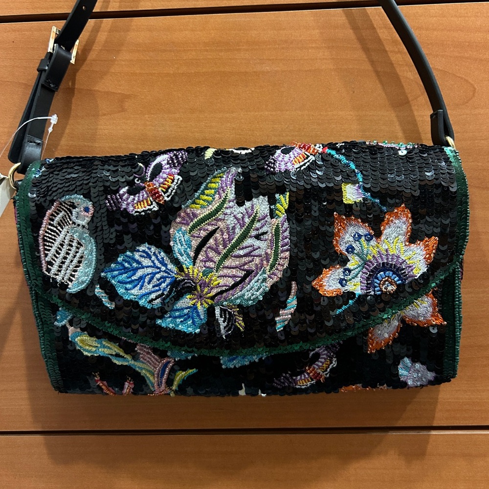 Black Sequin Embroidered Shoulder Bag